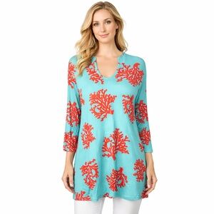 Escapada Tunic Top Blue Coral Print Bell 3/4 Slvs Resort Beachy Cruise size L